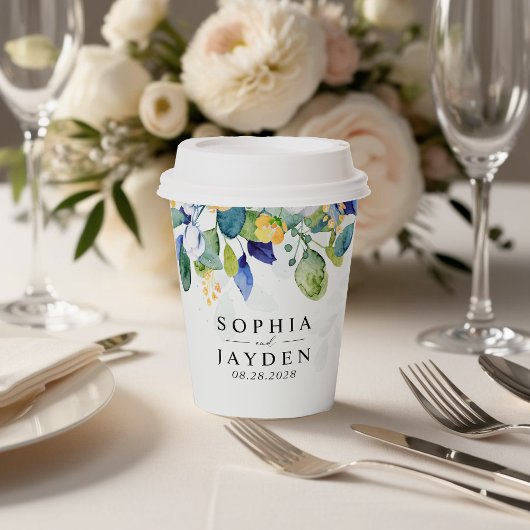 Elegante bloemengele witte blauwe bruiloft papieren bekers