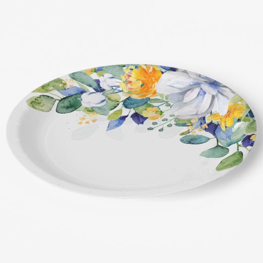 Elegante bloemengele witte blauwe bruiloft papieren bordje (Gekanteld)
