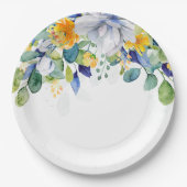 Elegante bloemengele witte blauwe bruiloft papieren bordje (Voorkant)