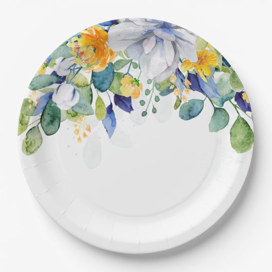 Elegante bloemengele witte blauwe bruiloft papieren bordje (Voorkant)