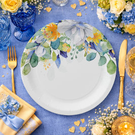 Elegante bloemengele witte blauwe bruiloft papieren bordje