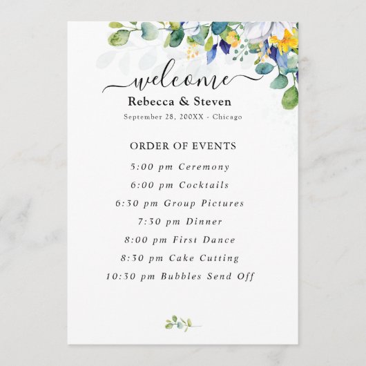 Elegante bloemengele witte blauwe bruiloft programmakaart (Voorkant)