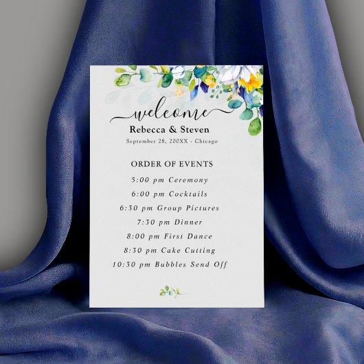 Elegante bloemengele witte blauwe bruiloft programmakaart