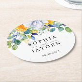 Elegante bloemengele witte blauwe bruiloft ronde kartonnen onderzetter (Gebogen)