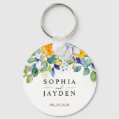 Elegante bloemengele witte blauwe bruiloft sleutelhanger (Voorkant)