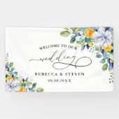 Elegante bloemengele witte blauwe bruiloft welkom spandoek (Horizontaal)