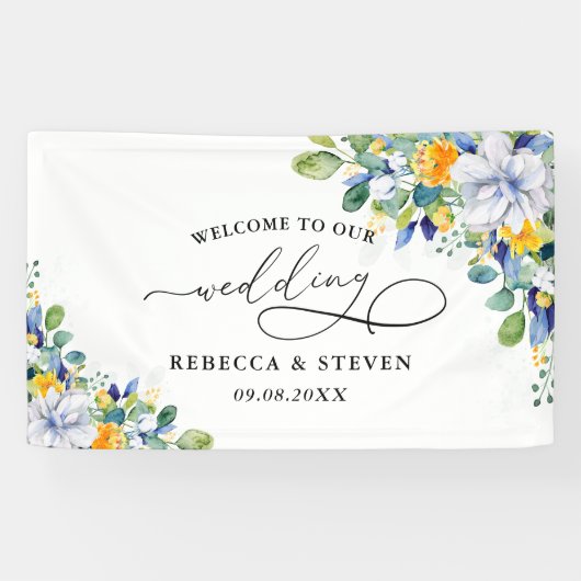 Elegante bloemengele witte blauwe bruiloft welkom spandoek (Horizontaal)