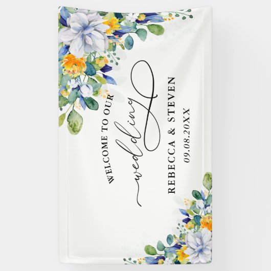 Elegante bloemengele witte blauwe bruiloft welkom spandoek (Verticaal)