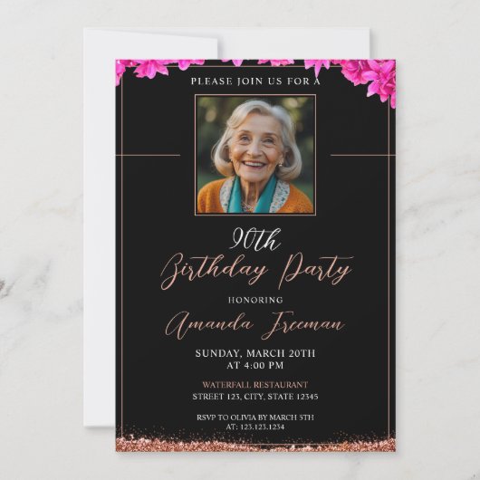 Elegante bloemenglitter 90e verjaardag kaart (Voorkant)