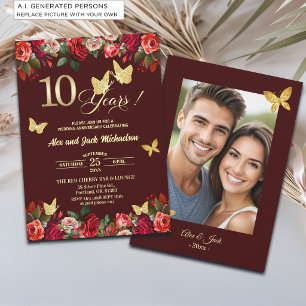 Elegante bloemengoud 10e trouwjubileum foto kaart