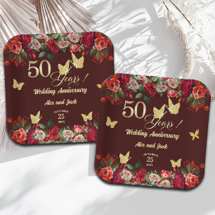 Elegante Bloemengoud 50ste Huwelijksverjaardag Papieren Bordje