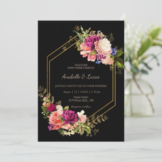 Elegante bloemengouden lijst bruiloft uitnodiging (Staand voorkant)