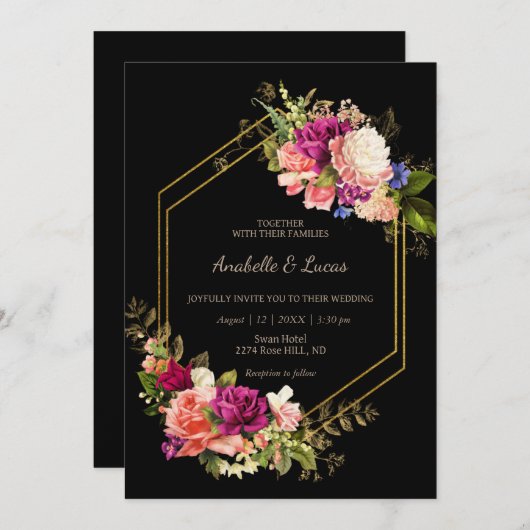 Elegante bloemengouden lijst bruiloft uitnodiging (Voorkant / Achterkant)