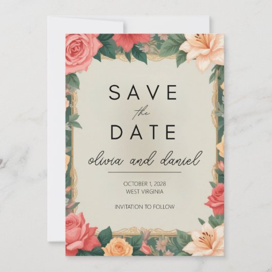 Elegante bloemengrens Save the Date-kaart Save The Date (Voorkant)