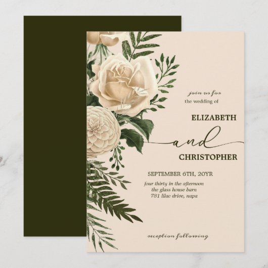 Elegante Bloemengroen en Cream Bouquets bruiloft Kaart (Voorkant / Achterkant)
