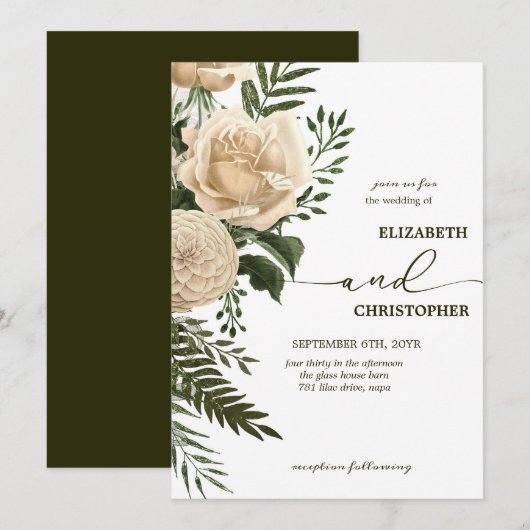Elegante Bloemengroen en Cream Bouquets bruiloft Kaart (Voorkant / Achterkant)