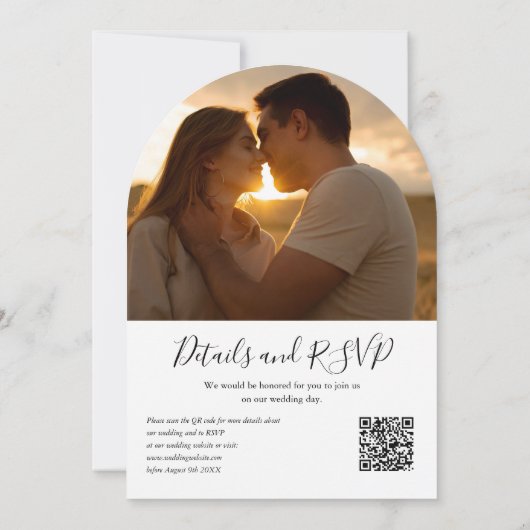 Elegante Bloemengroen QR Code Foto Boog Huwelijk Kaart (Achterkant)