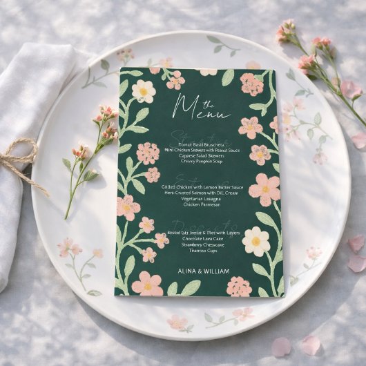 Elegante Bloemengroene Roze Rand Minimaal  Menu