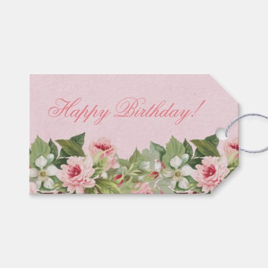 Elegante bloemenHappy Birthday cadeau label w / bl Cadeaulabel (Voorkant (Horizontaal))