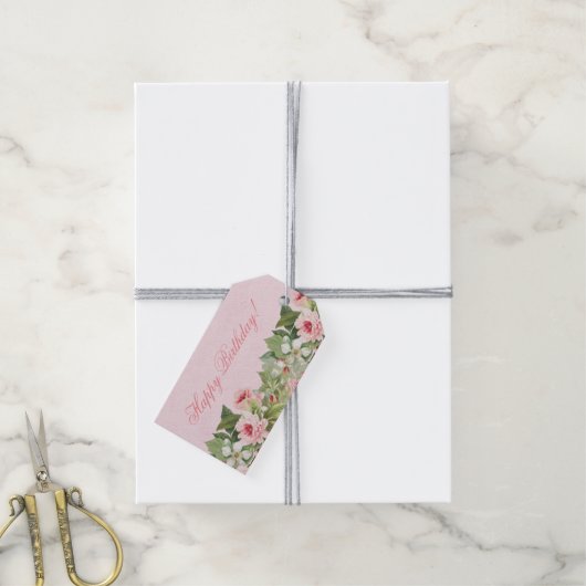 Elegante bloemenHappy Birthday cadeau label w / bl Cadeaulabel (Met Touw)