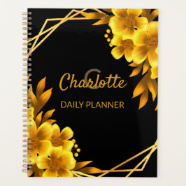 Elegante bloemenherfst zwart & faux goud geel planner