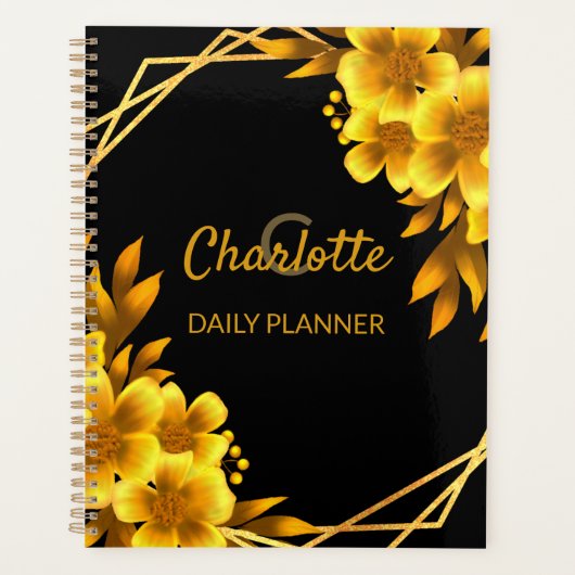 Elegante bloemenherfst zwart & faux goud geel planner (Voorkant)