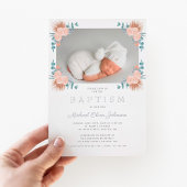 Elegante bloemenjongen foto doop folie uitnodiging