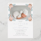 Elegante bloemenjongen foto doop folie uitnodiging (Voorkant)