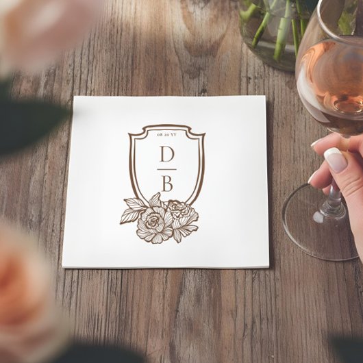 Elegante Bloemenkam Crest Koppels Monogram Huwelij Servet