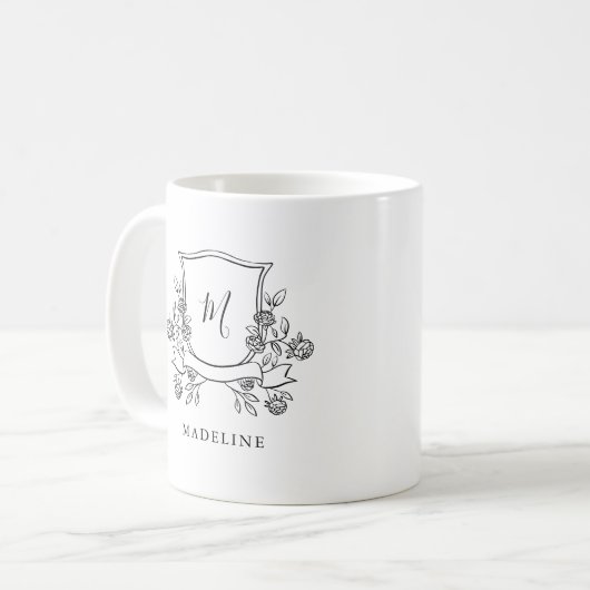 Elegante bloemenkam | Monogram en naam Koffiemok (Voorkant links)