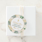 Elegante bloemenkrans eerste communie groen goud bedankjes labels (In situ)