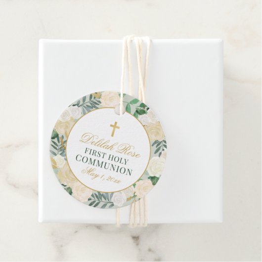 Elegante bloemenkrans eerste communie groen goud bedankjes labels (In situ)