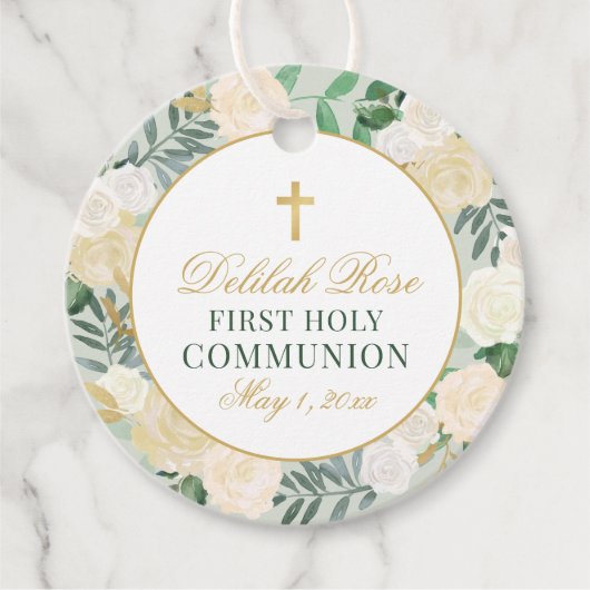 Elegante bloemenkrans eerste communie groen goud bedankjes labels (Voorkant)