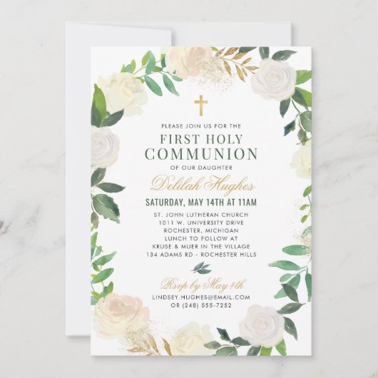 Elegante bloemenkrans eerste communie groen goud kaart (Voorkant)