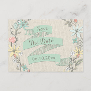Elegante bloemenkrans en banner Save The Date Kaart