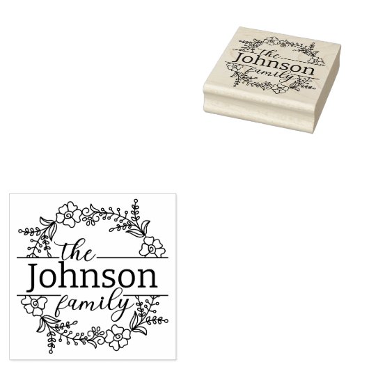 Elegante bloemenkrans familienaam op maat rubberstempel (Gestempeld)