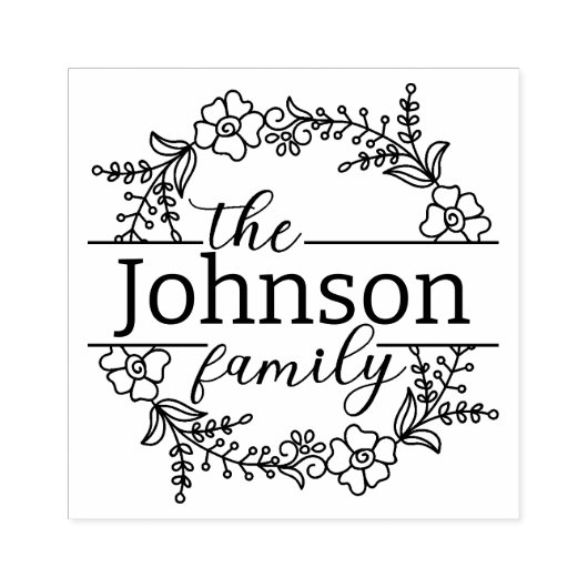 Elegante bloemenkrans familienaam op maat rubberstempel (Afrduk)