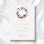 Elegante Bloemenkrans Kruis Meisje Doop Goud Folie Uitnodiging
