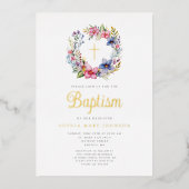 Elegante Bloemenkrans Kruis Meisje Doop Goud Folie Uitnodiging (Voorkant)