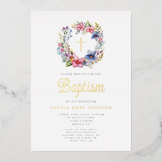 Elegante Bloemenkrans Kruis Meisje Doop Goud Folie Uitnodiging (Voorkant)