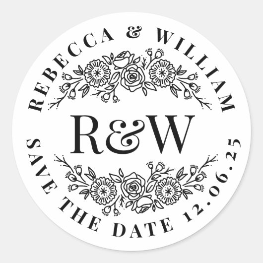 Elegante bloemenkrans monogram Bewaar de datum Ronde Sticker (Voorkant)