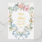 Elegante bloemenkrans | Monogram bruiloft Folie Uitnodiging (Voorkant)