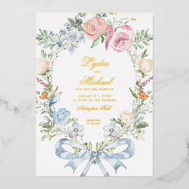 Elegante bloemenkrans | Monogram bruiloft Folie Uitnodiging