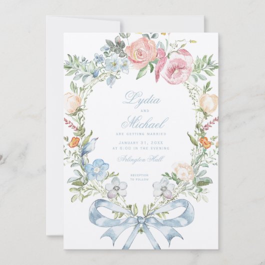 Elegante bloemenkrans | Monogram bruiloft Kaart (Voorkant)