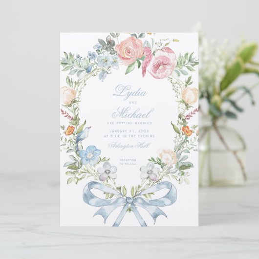 Elegante bloemenkrans | Monogram bruiloft Kaart (Staand voorkant)