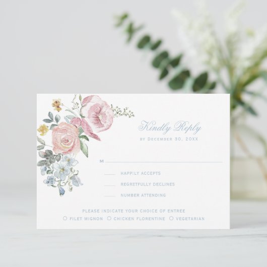 Elegante bloemenkrans | Monogram bruiloft RSVP Kaartje (Staand voorkant)