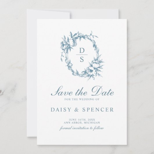 Elegante bloemenkrans monogram bruiloft save the date (Voorkant)