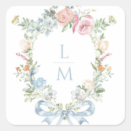 Elegante bloemenkrans | Monogram bruiloft Vierkante Sticker