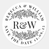 Elegante bloemenkrans monogram save the date ronde sticker (Voorkant)