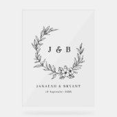 Elegante Bloemenkrans Monogram Zwart Trouwen Acryl Bord (Voorkant)